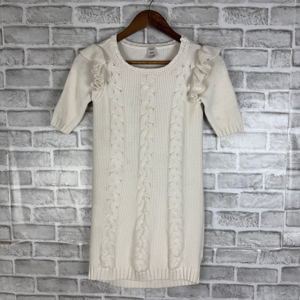 Carters Kid Girls Ivory Cable Knit Thick Ruffle Shoulder Sweater Dress Sz 10/12